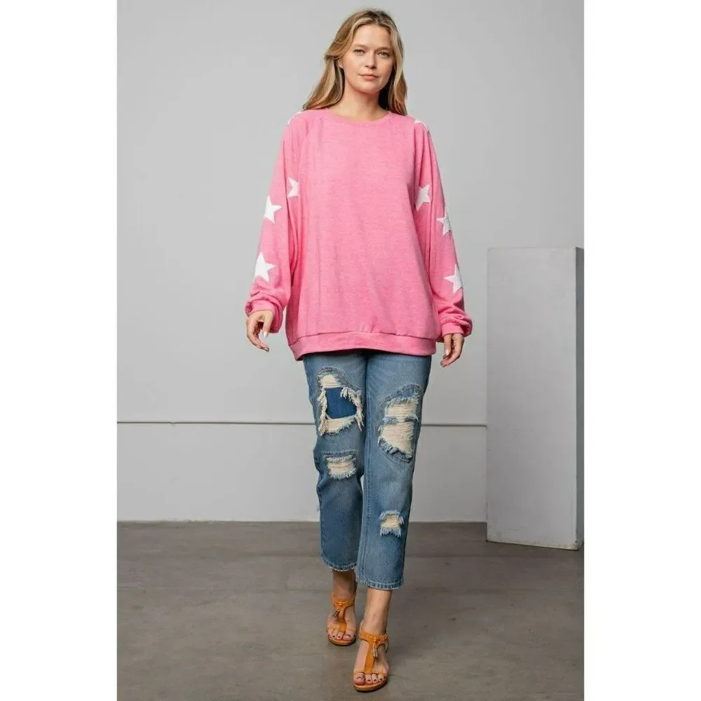 Easel Clothing Ultra Soft Hacci Pullover Star Print Slouchy Barbie Pink ET10831 - Picture 2 of 5